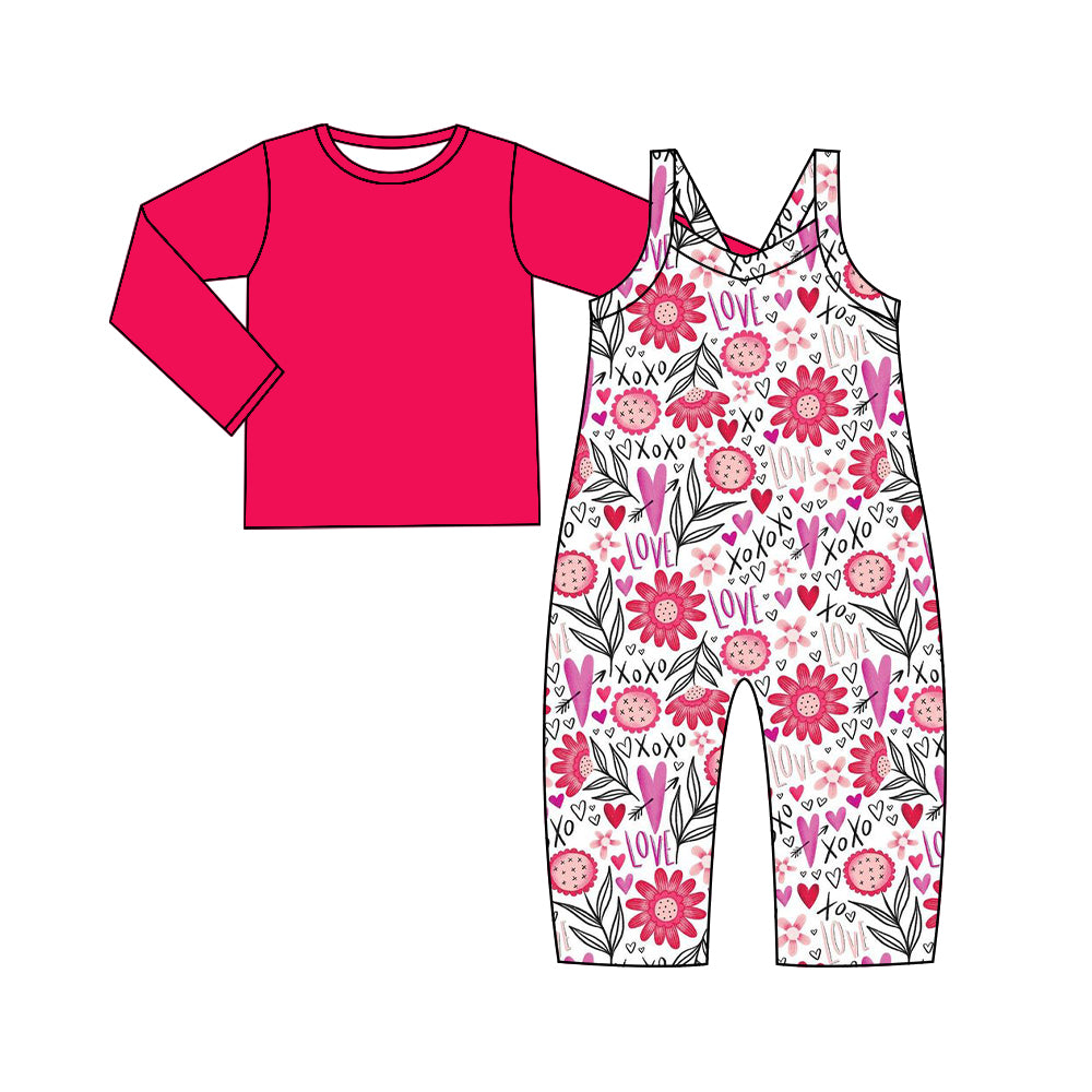 Baby Girl Toddler Long Sleeves Pink Shirt Valentine Flower Jumpsuit Set