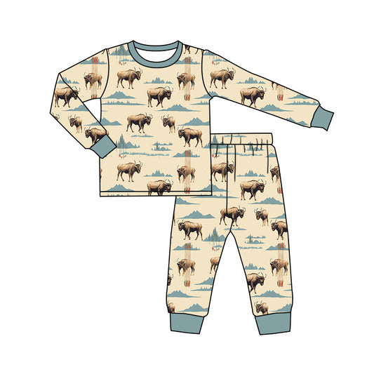 Baby Boy Long Sleeves Highland Cow Western Shirt Pants Set Pajamas