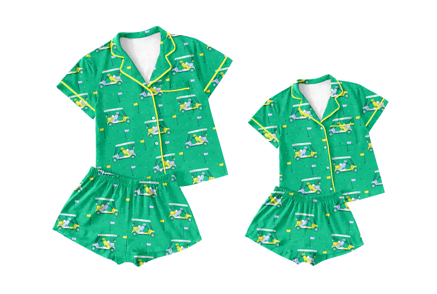 Baby Girl Toddler Adult Women Short Sleeves Golf Green Shorts Sibling Family Shorts Pajamas Set ( Moq 5 Each Style )