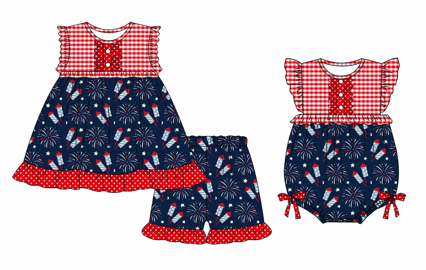 Baby Girl Short Sleeves July 4th Sibling Romper Set ( Moq 5 Each Style ) 3.13