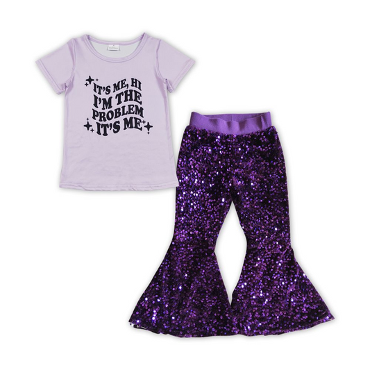 GSPO1456 Baby Girl Short Sleeves Singer Shirt Purple Sequins Pants Set