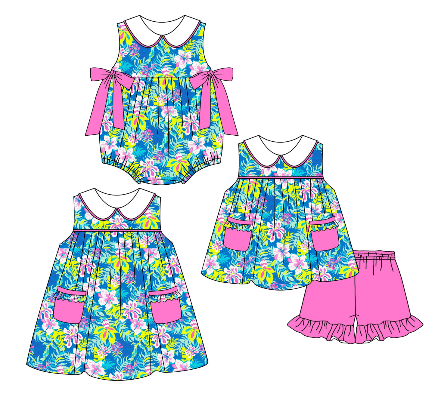 Baby Girl Flower Pink Bows Sibling Romper Dress Set ( Moq 5 Each Style ) 2.24