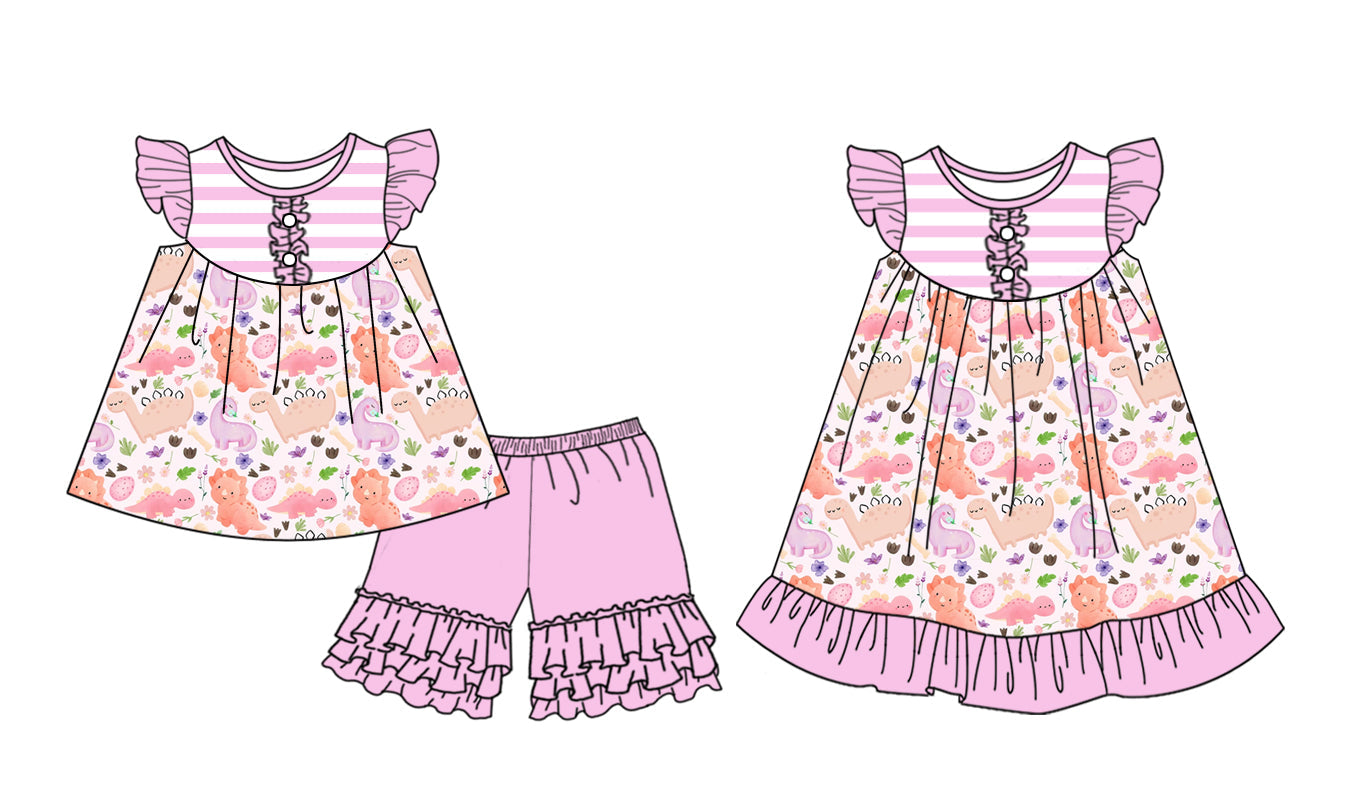 Baby Girl Short Sleeves Dinosaurs Stripes Sibling Dress Set ( Moq 5 Each Style ) 3.11