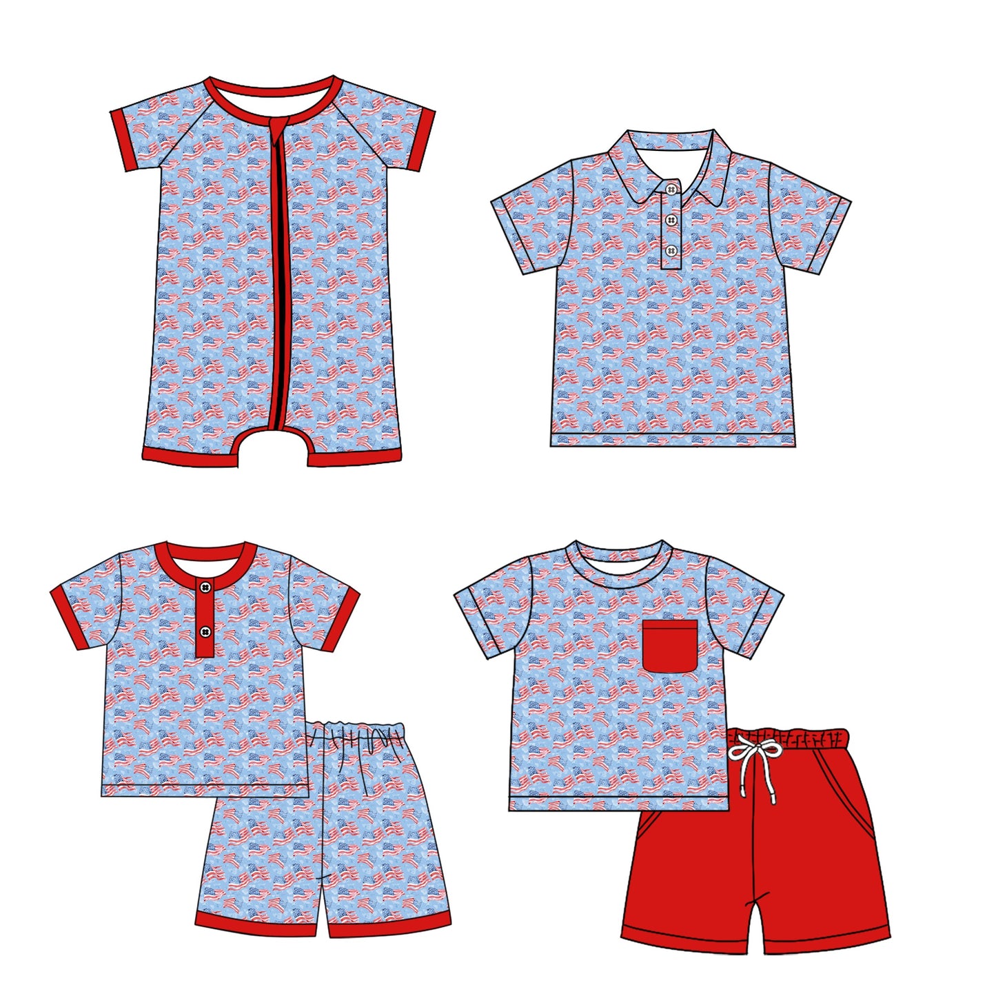 Baby Boy July 4th Flags Sibling Romper Shirt Set ( Moq 5 Each Style ) 1.14