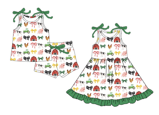 ( Moq 5 Each Style ) Baby Girl Sleeveless Farm Animals Bows Sibling Summer Dress Set 4.24