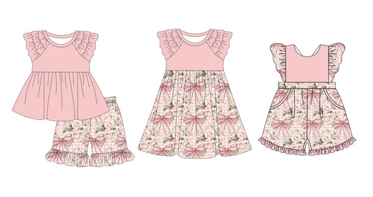 Baby Girl Short Sleeves Pink Flower Bows Sibling Jumpsuit Dress Set ( Moq 5 Each Design ) 12.10