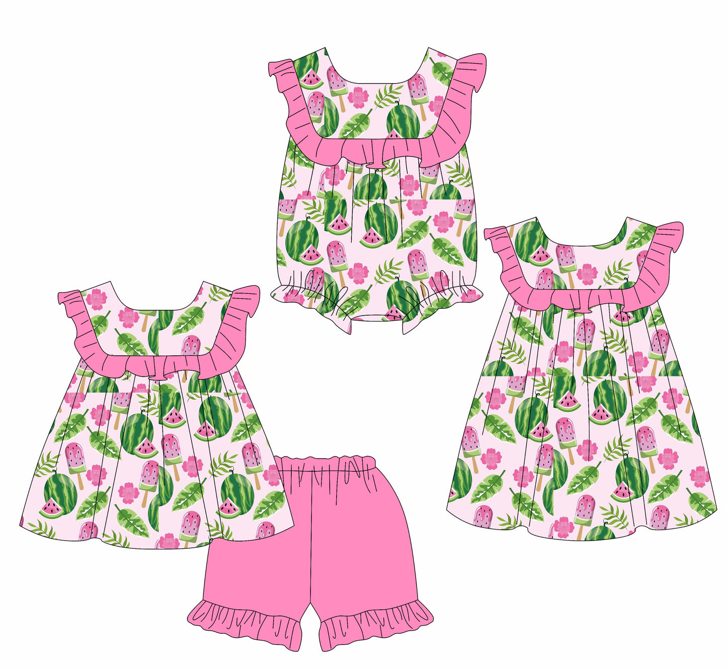 Baby Girl Watermelon Pink Ruffle Sibling Romper Dress Set ( Moq 5 Each Style ) 2.17