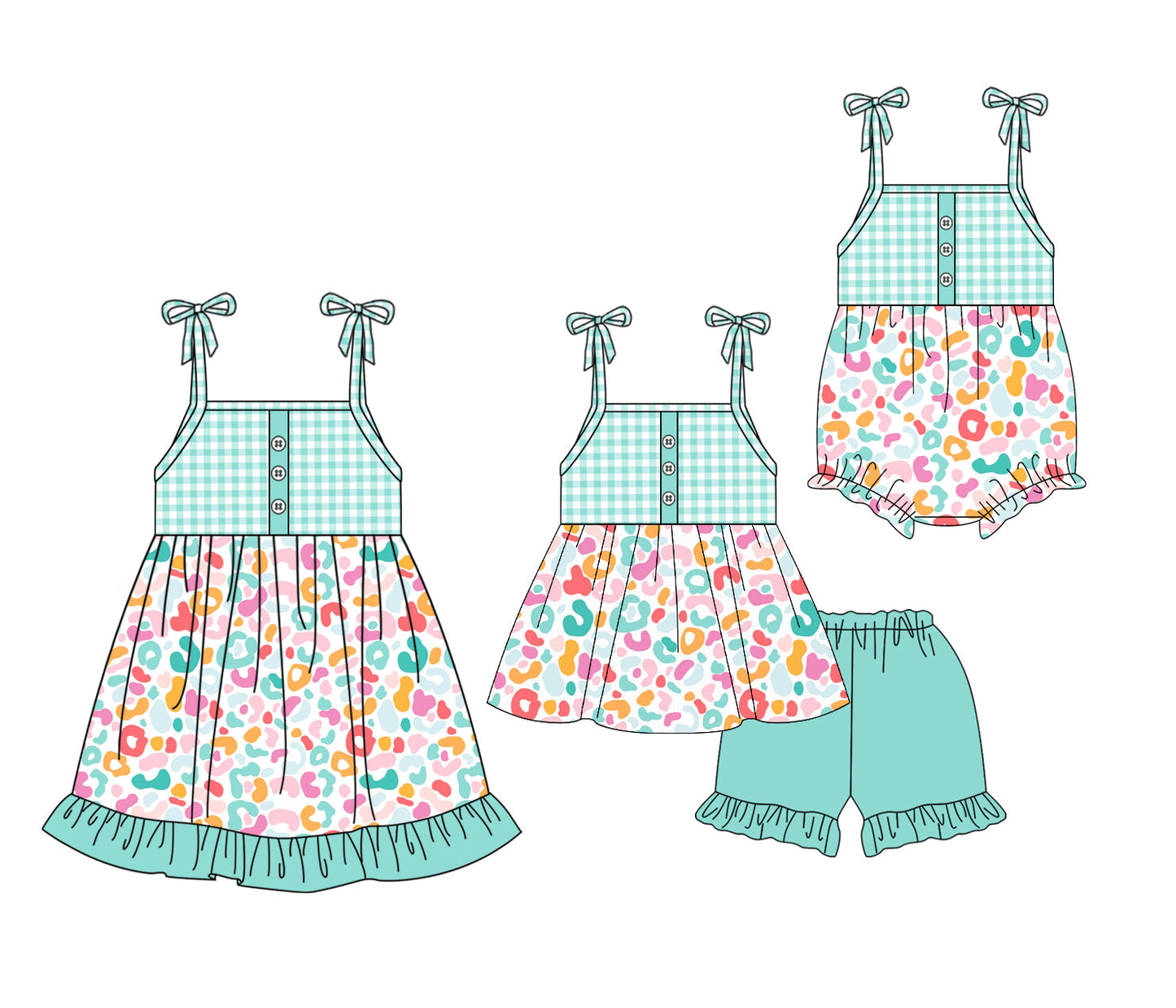 Baby Girl Leopard Green Checked Sibling Romper Dress Set ( Moq 5 Each Style ) 4.2