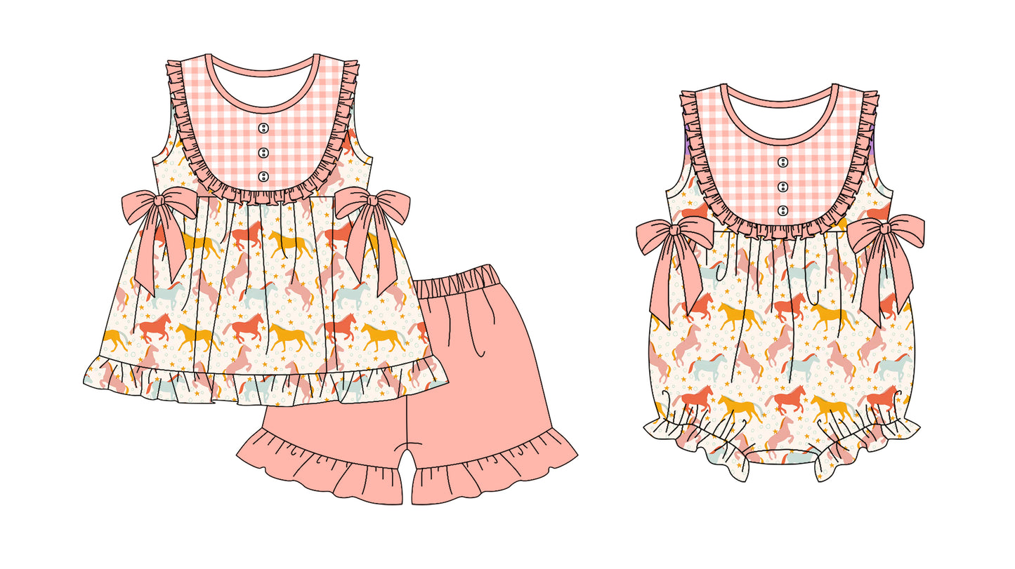 Baby Girl Western Horse Sibling Summer Romper Set ( Moq 5 Each Design )