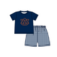 ( Moq 5 ) Baby Boys Toddler Short Sleeves AU Shirt Navy Plaid Shorts Team Summer Set