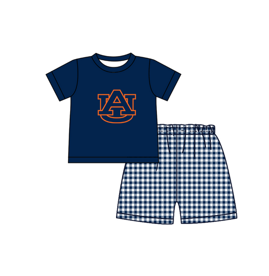 ( Moq 5 ) Baby Boys Toddler Short Sleeves AU Shirt Navy Plaid Shorts Team Summer Set