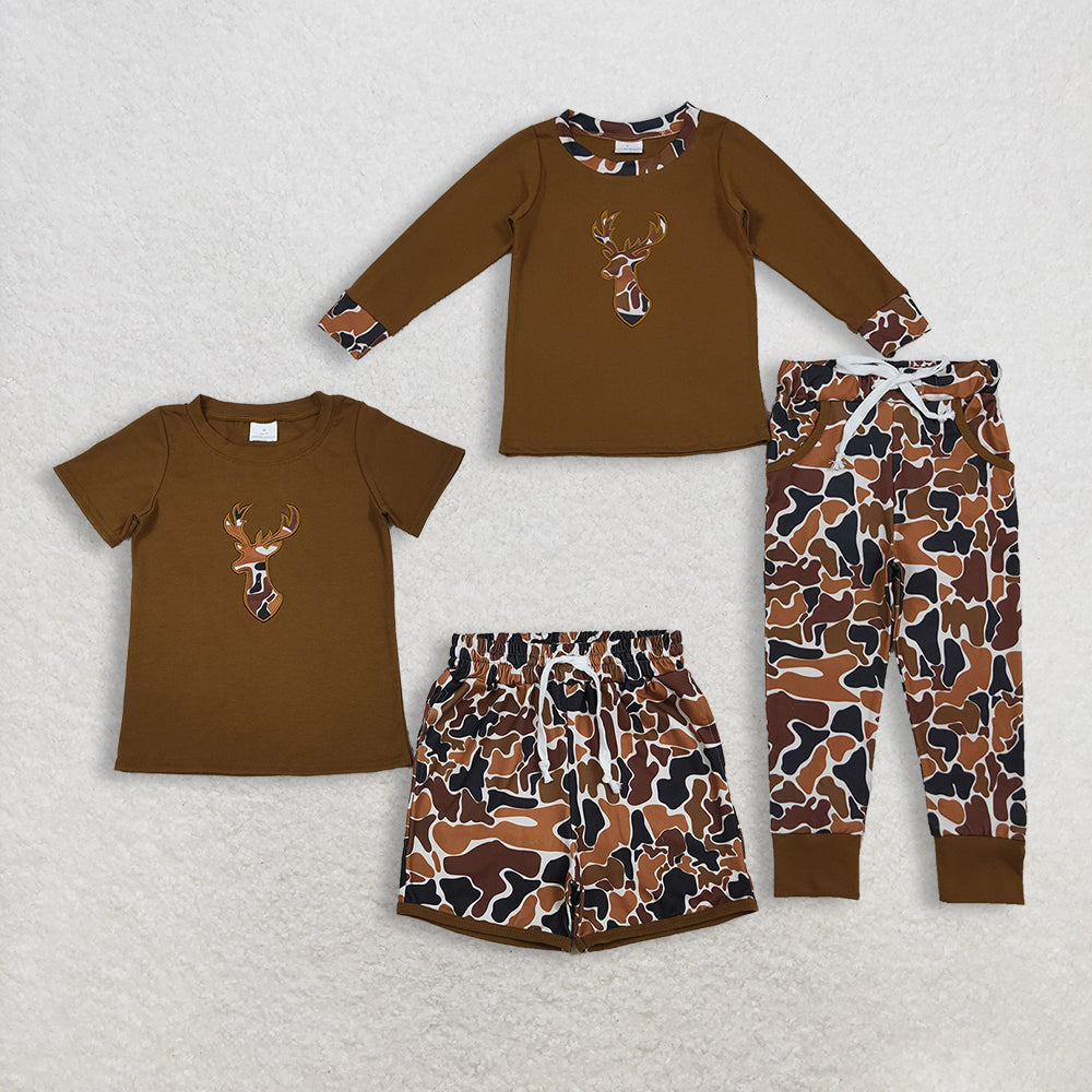Sibling Baby Boys Kids Embroidery Deer Brown Shirt Camo Print Hunting SetsRTS