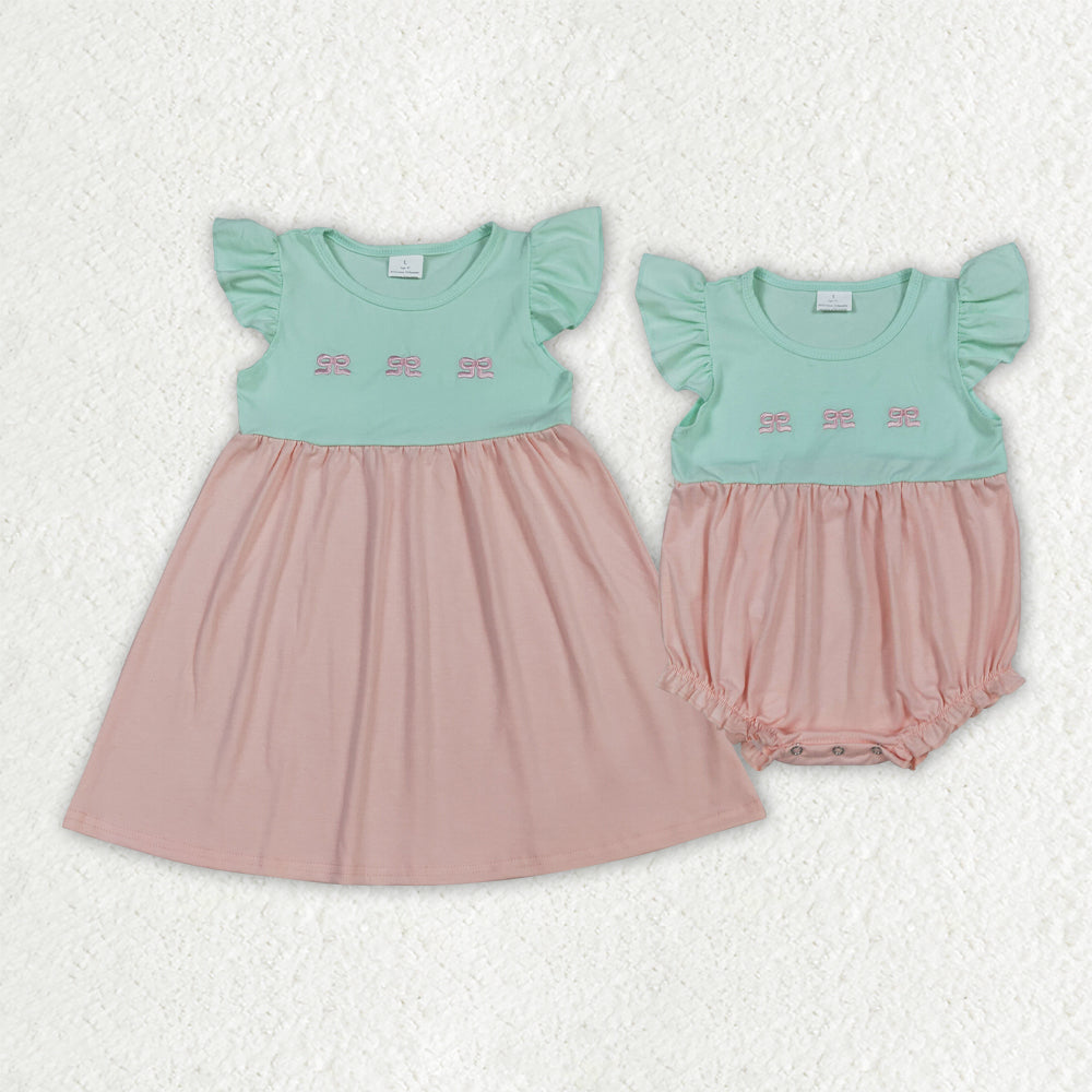 Sibling Baby Girls Kids Short Sleeves Embroidery Bows Romper Dress Cotton Clothes