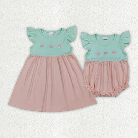 Sibling Baby Girls Kids Short Sleeves Embroidery Bows Romper Dress Cotton Clothes