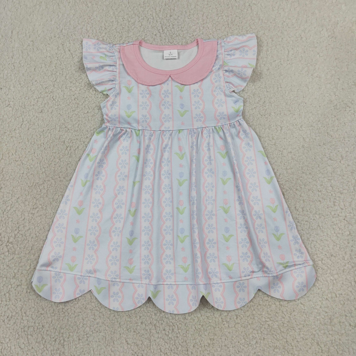 Baby Girls Kids Short Sleeves Flower Scallop Knee Length Dress RTS
