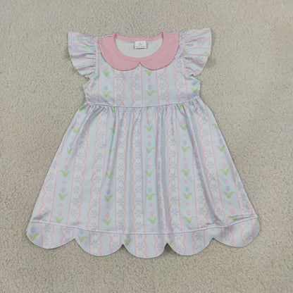Sibling Baby Girls Kids Short Sleeves Flower Scallop Dress Set RTS