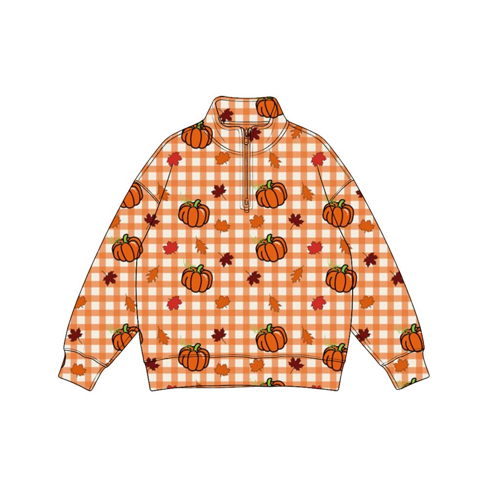 ( Moq 5 ) Preorder Toddler Kids Long Sleeves Pumpkins Orange Plaid Zipper Pullover Fall Shirt Tops Clothes