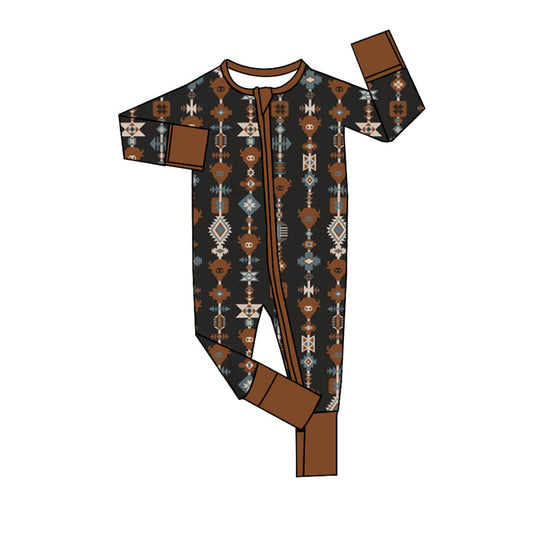 Baby Boy Western Cow Aztec Long Sleeves Zipper Romper