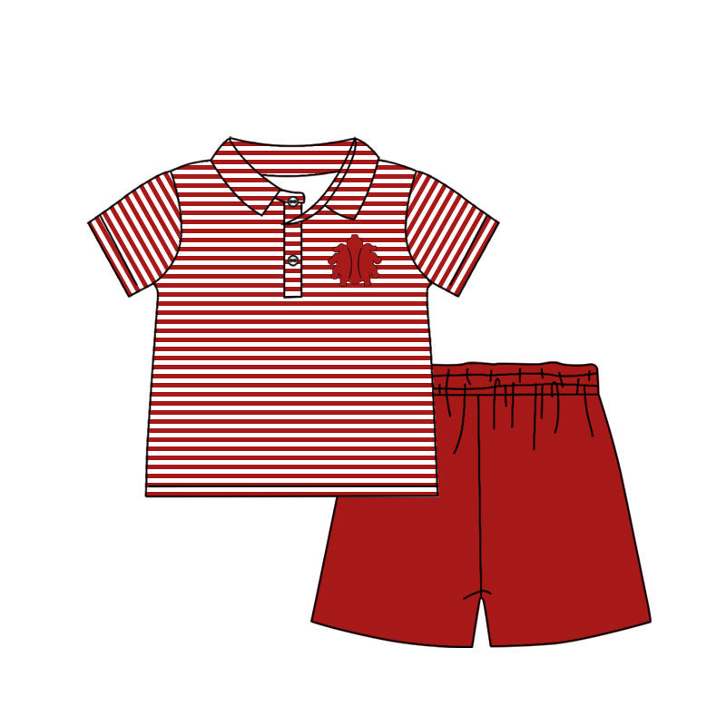 Baby Boy Short Sleeves Team Stripes Buttons Shirt Red Shorts Set Moq 5