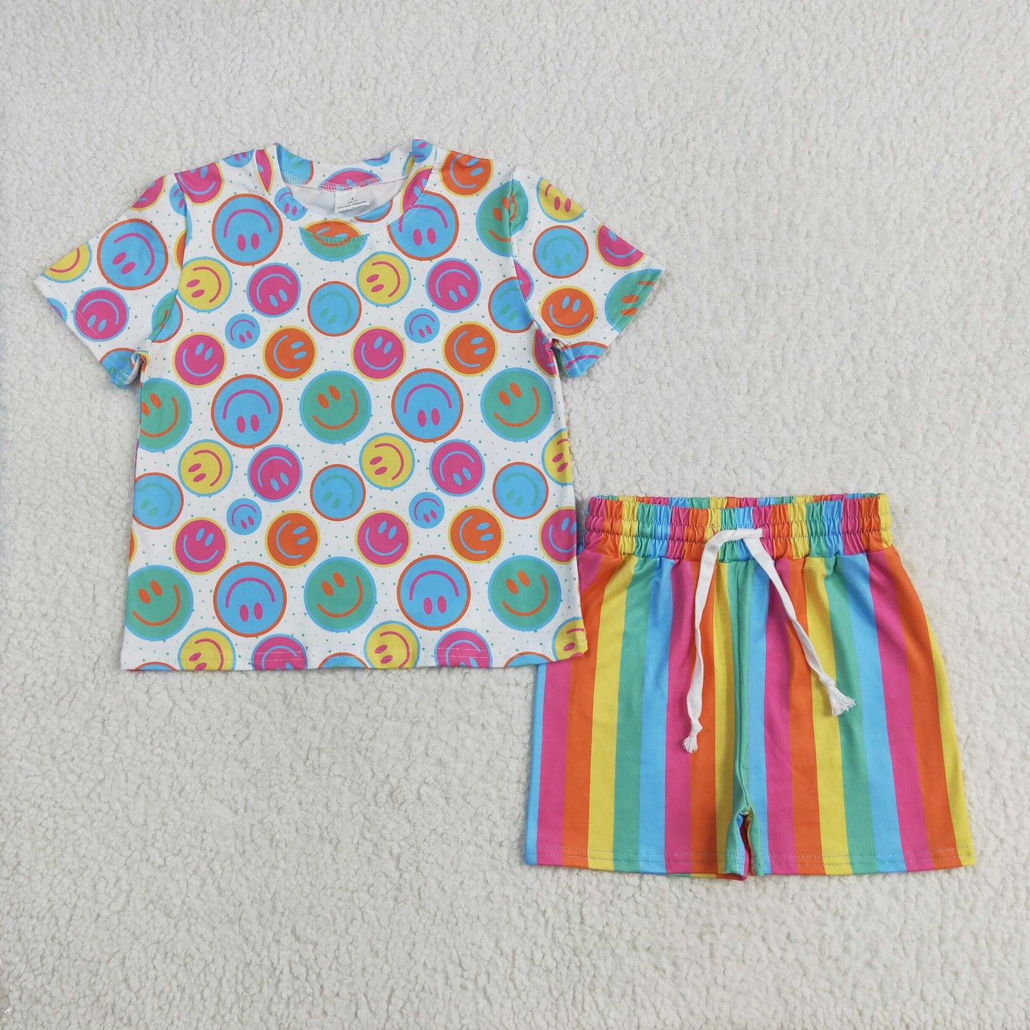 Baby Girl Short Sleeves Smile Shirt Colorful Stripes Shorts Pajamas Set RTS