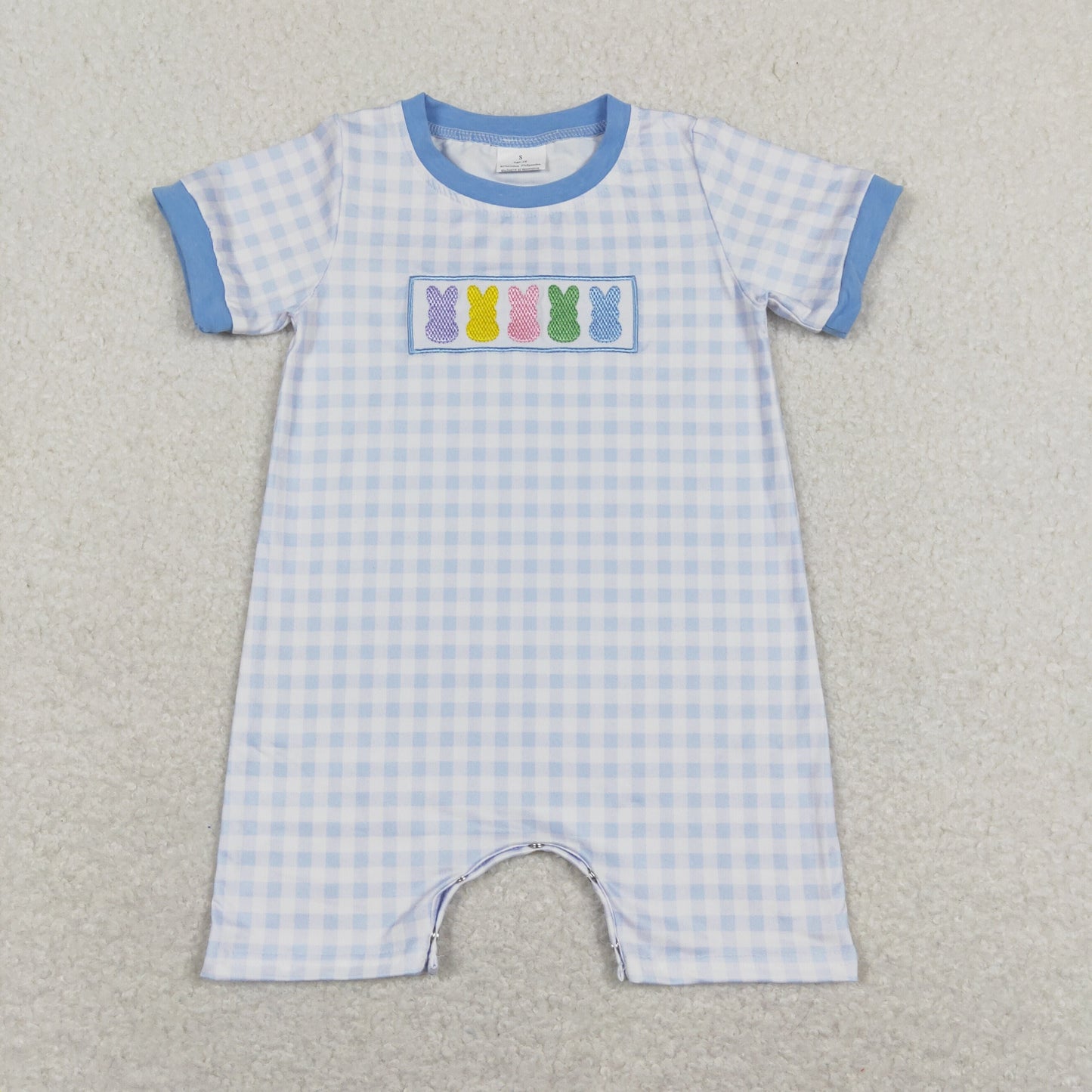 SR0690 Baby Boy Short Sleeves Easter Embroidery Rabbit Plaid One Piece Romper