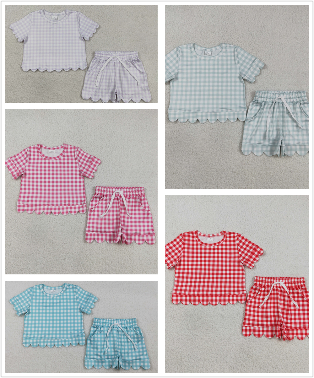 Sibling Baby Girls Kids Short Sleeves Plaid Tops Scallop Shorts Sets Summer Clothes RTS