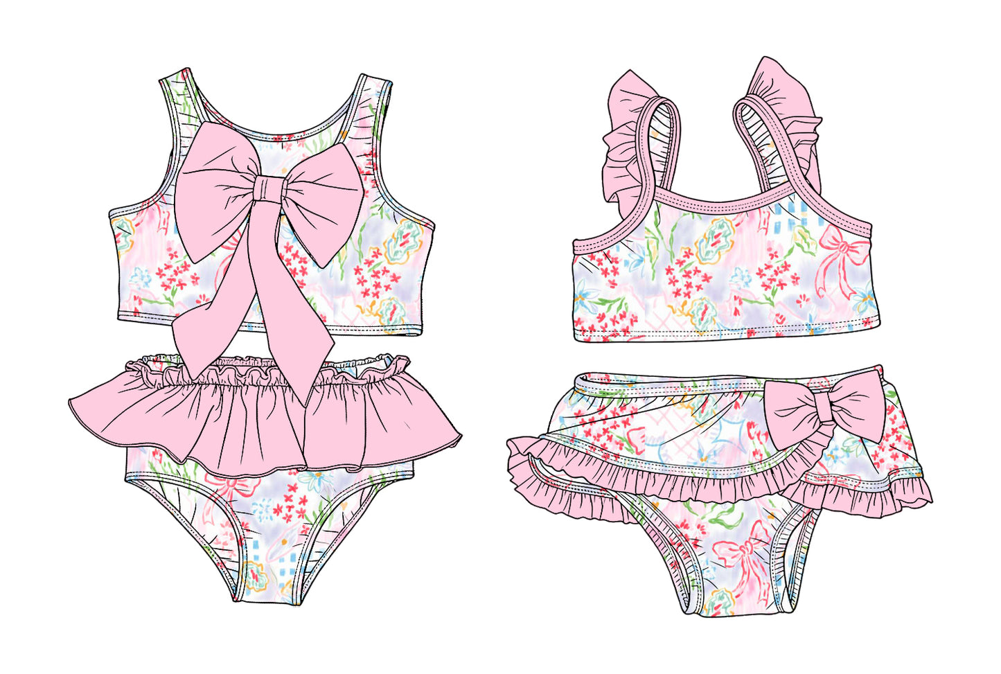 ( Moq 5 Each Style ) Sibling Baby Girls Kids Floral Tops Ruffle Shorts Bows Sets Summer Swimsuits