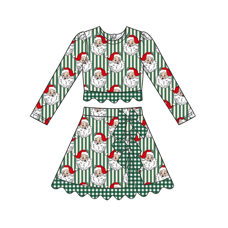 ( Moq 5 ) Preorder Baby Girls Green Stripes Santa Shirt Bows Scallop Skirt Shorts Christmas Set Clothes