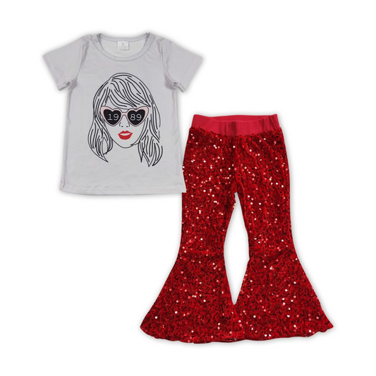 GSPO1457 Baby Girl Short Sleeves Singer Shirt Red Sequins Pants Set