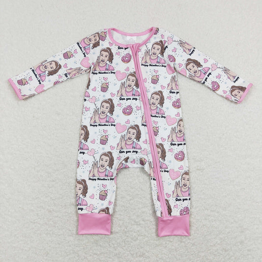 LR0906 Valentine's Day Baby Girl Long Sleeves Teacher Zipper One Piece Romper