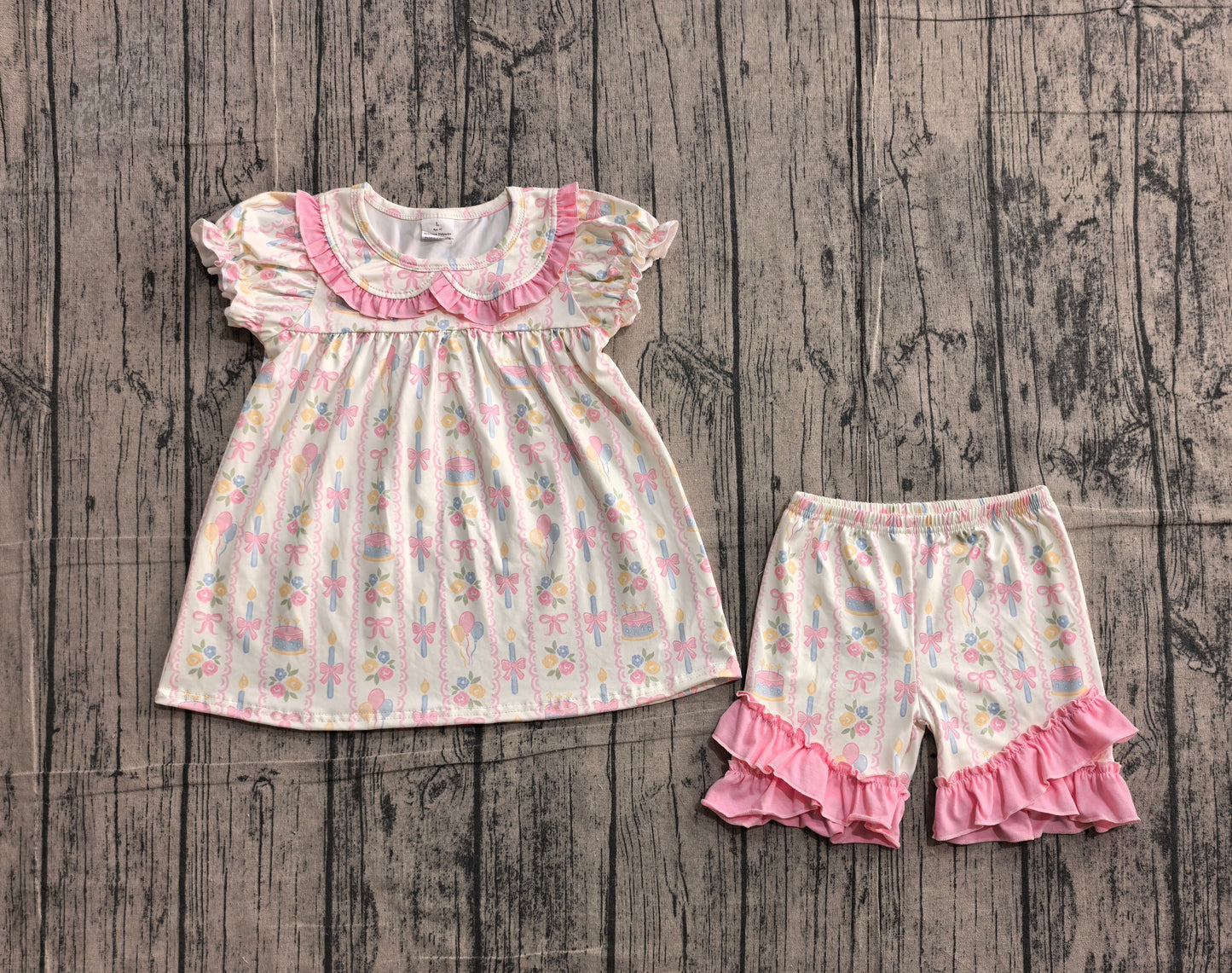 ( No moq ) Preorder Baby Girls Kids Short Sleeves Flower Bows Tunic Ruffle Shorts Birthday Set Clothes