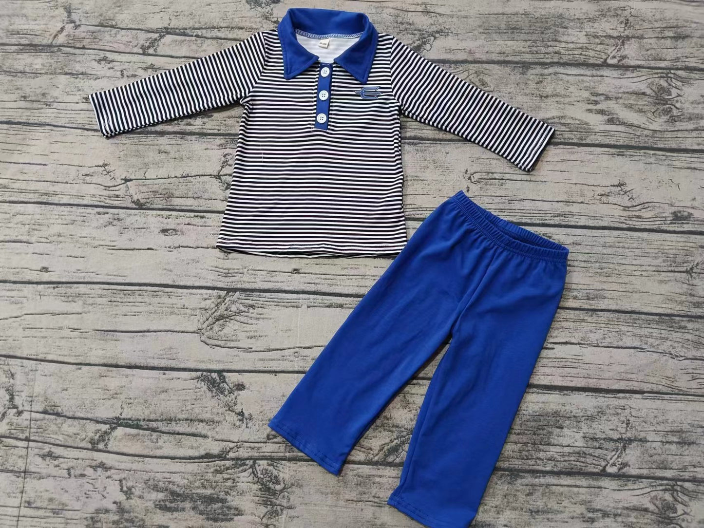 Baby Boy Long Sleeves Stripes Team Shirt Blue Pants Set Moq 5