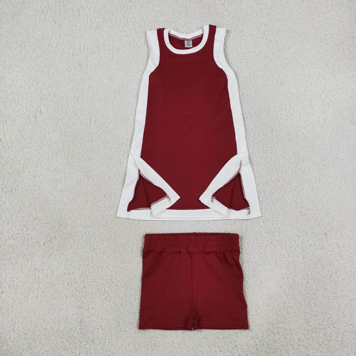 Baby Girls Kids Sleeveless Tops Dark Red Pockets Shorts Set Yoga Clothes RTS
