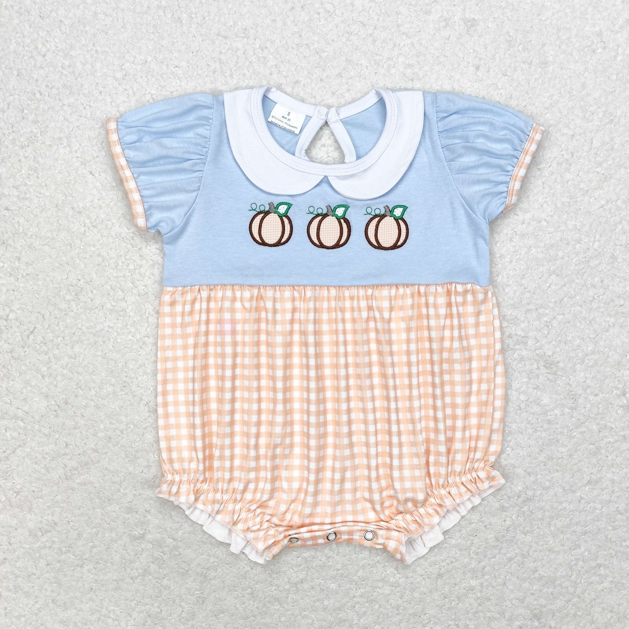 Baby Boy Short Sleeves Embroidery Pumpkin Plaid Bubble Romper