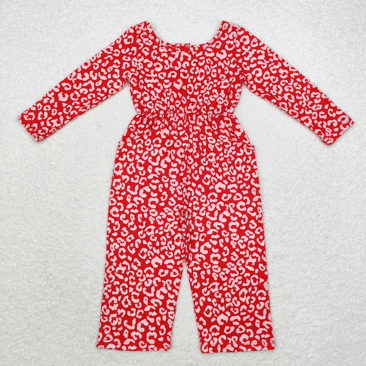 Baby Girl Long Sleeves Red Leopard Long Sleeves Pocket Jumpsuit