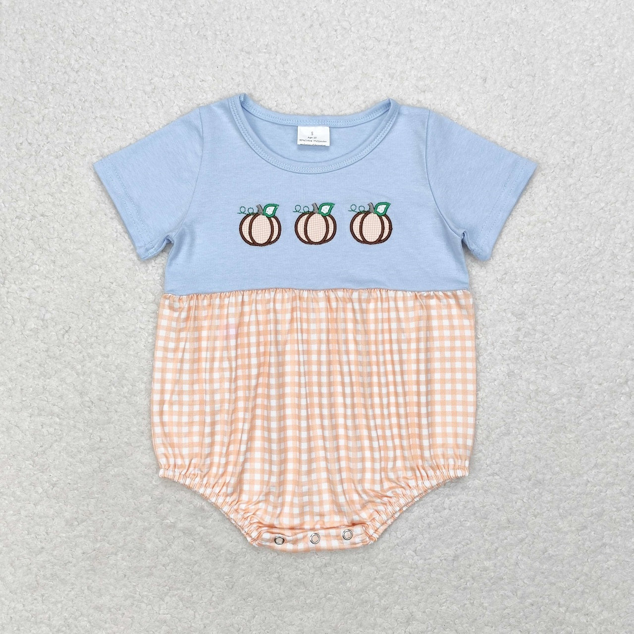 Baby Boy Short Sleeves Embroidery Pumpkin Plaid Bubble Romper