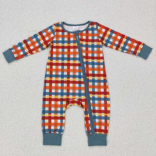 LR0622 Baby Boy Fall Thanksgiving Plaid Zipper One Piece Romper