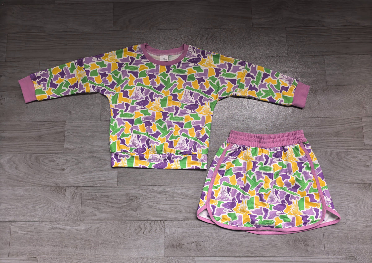 ( No moq ) Preorder Baby Girls Kids Long Sleeves Shirt Deer Camo Skirt Shorts Mardi Gras Set