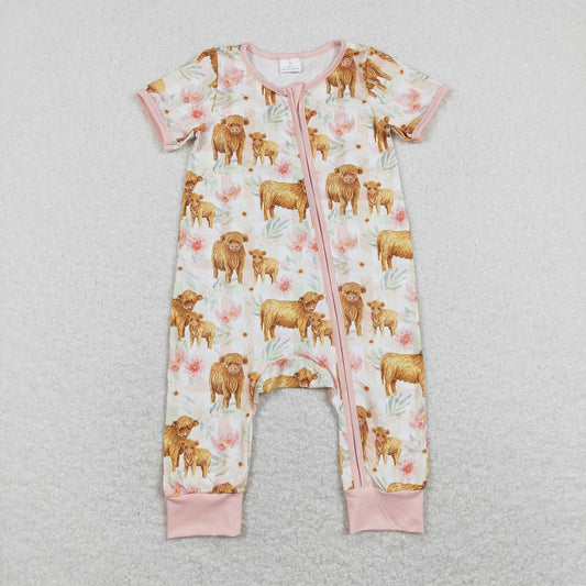 SR0940 Western Baby Girl Cow Floral One Piece Romper