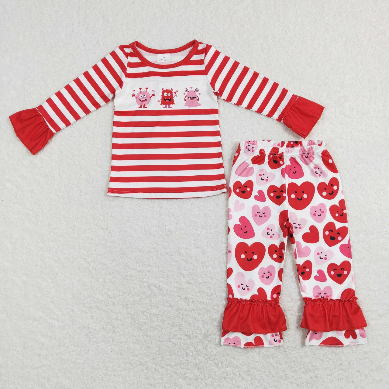 GLP1122 Baby Girl Long Sleeves Shirt Valentine's Hearts Ruffle Pants Set