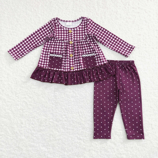 GLP0886 Baby Girl Long Sleeves Plaid Pocket Tunic Pants Outfit