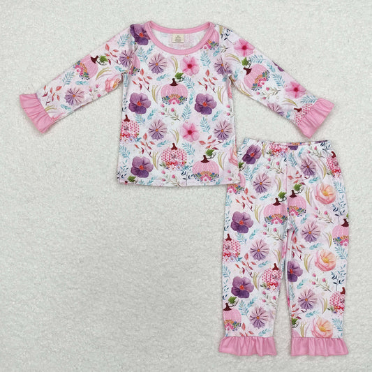 Baby Girl Kids Long Sleeves Pink Pumpkin Flower Shirt Pants Pajamas Fall Bamboo Set