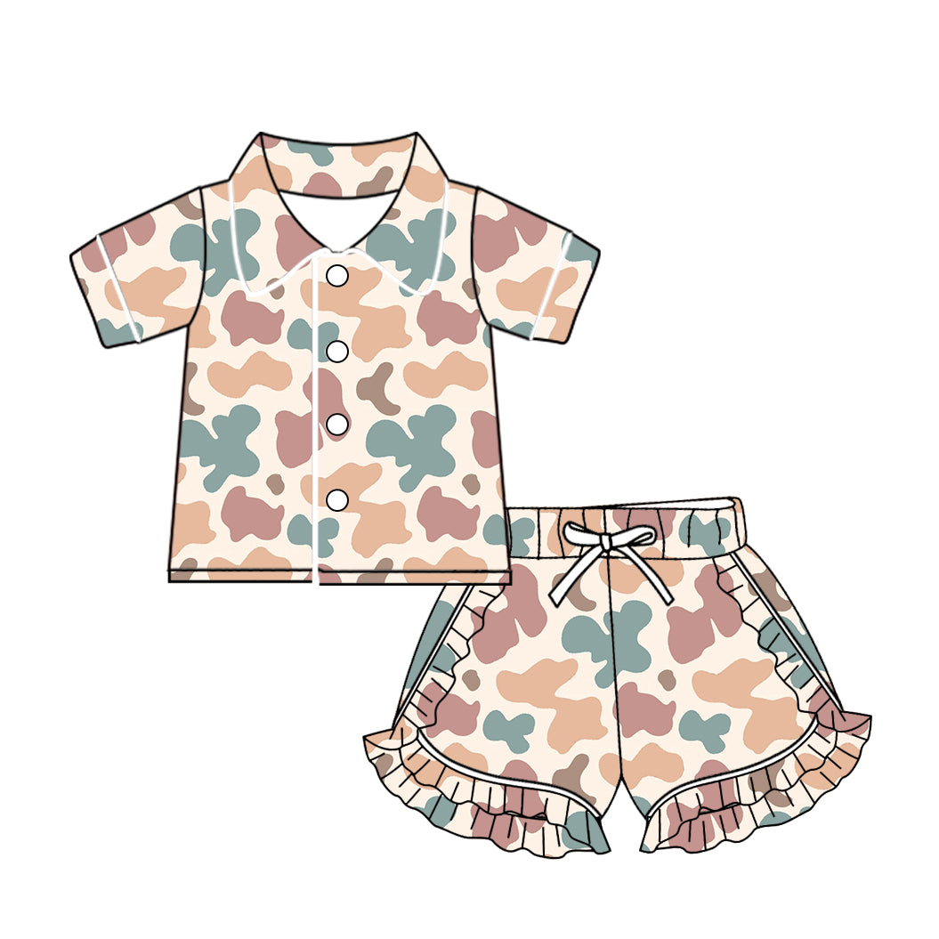 Baby Girl Short Sleeves Camo Buttons Shirt Ruffle Shorts Pajamas Set Moq 5