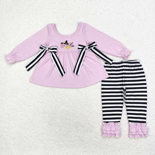 Baby Girl Long Sleeves Embroidery Halloween Boo Purple Tunic Stripes Pants  Set