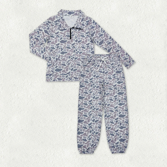 Adult Women Long Sleeves Grey Camo Zipper Pullover Yoga Pockets Pants Clothes Set RTS