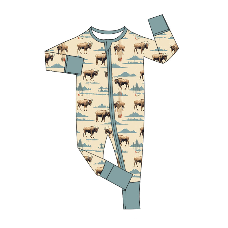 Baby Boy Long Sleeves Highland Cow Western Zipper Romper