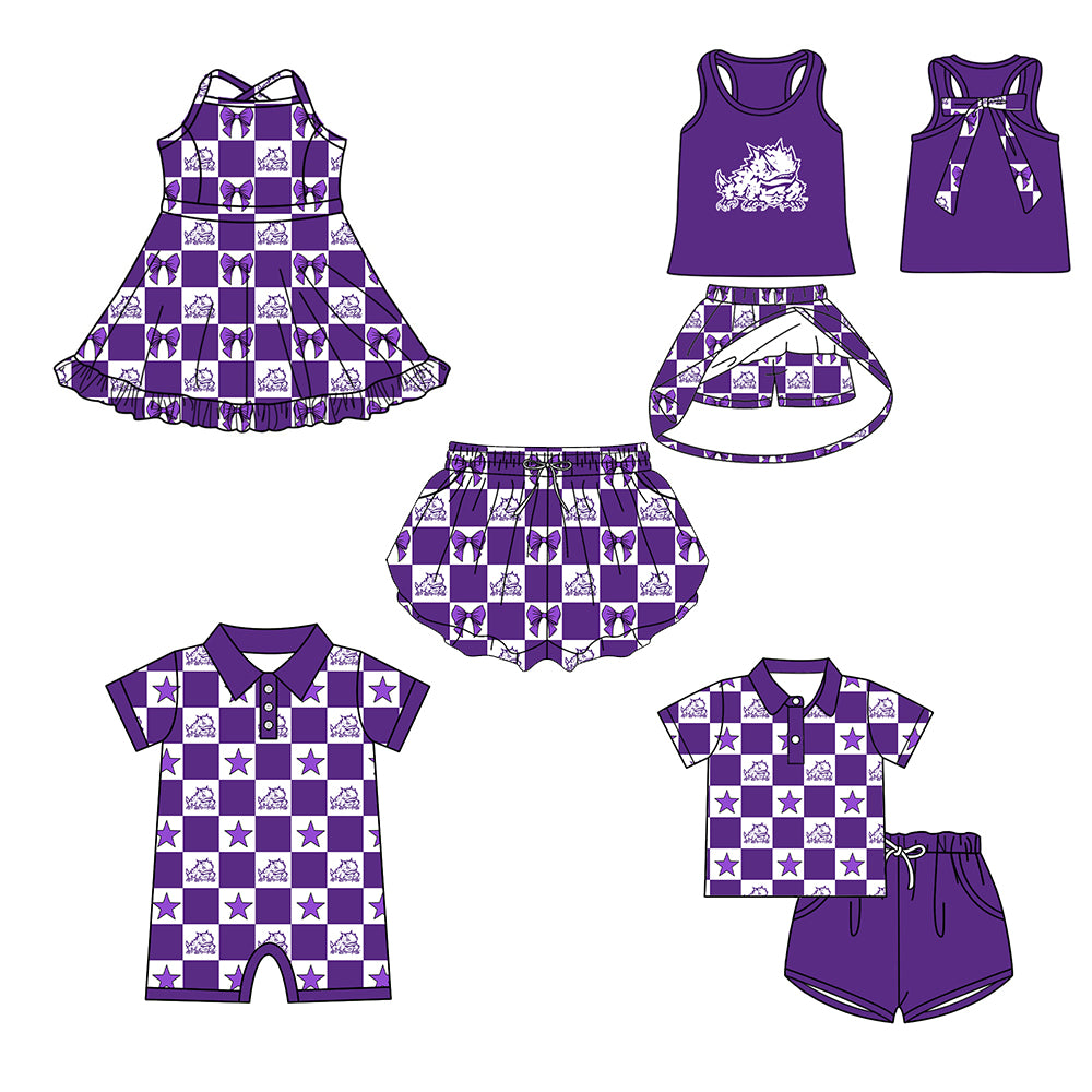 ( Moq 5 Each Style ) Baby Boys Girls Toddler Purple Bows Team Sibling Shorts Dress Sets Clothes