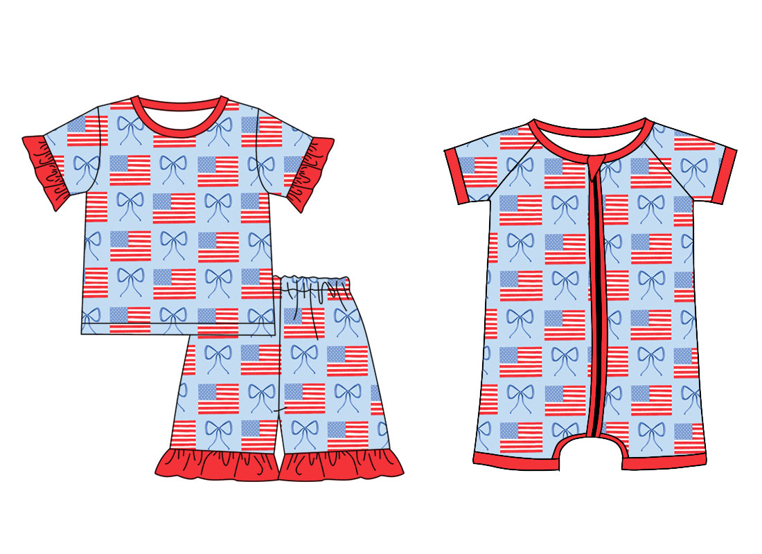 Baby Girl Short Sleeves 4th Of July Flags Bows Sibling Romper Set ( Moq 5 Each Style ) 3.18