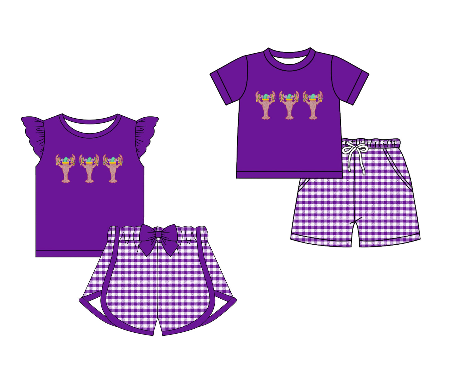 Baby Boy Girl Short Sleeves Mardi Gras Crawfish Sibling Set ( Moq 5 Each Design ) 12.13