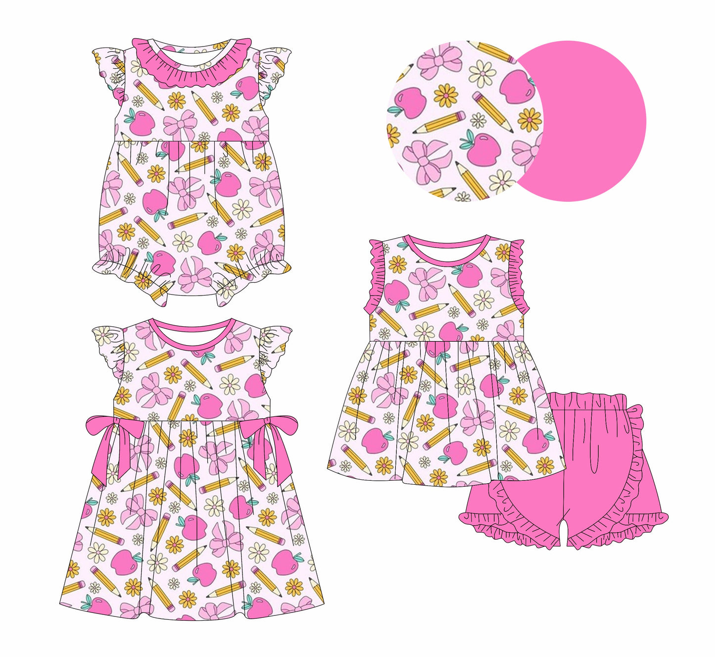 Baby Girl Back To School Pencil Bows Apple Flower Sibling Romper Dress Set ( Moq 5 Each Style ) 12.31
